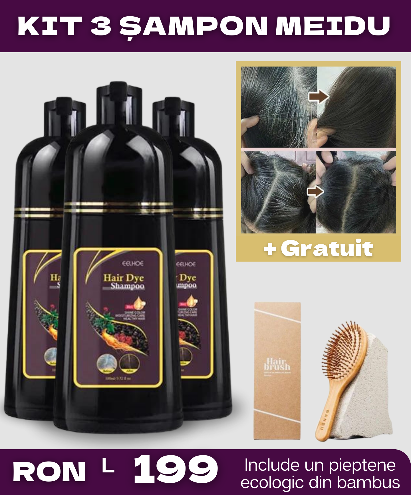 Șampon 3 în 1 pentru Păr Grizonat + Pieptene ecologic din bambus Cadou