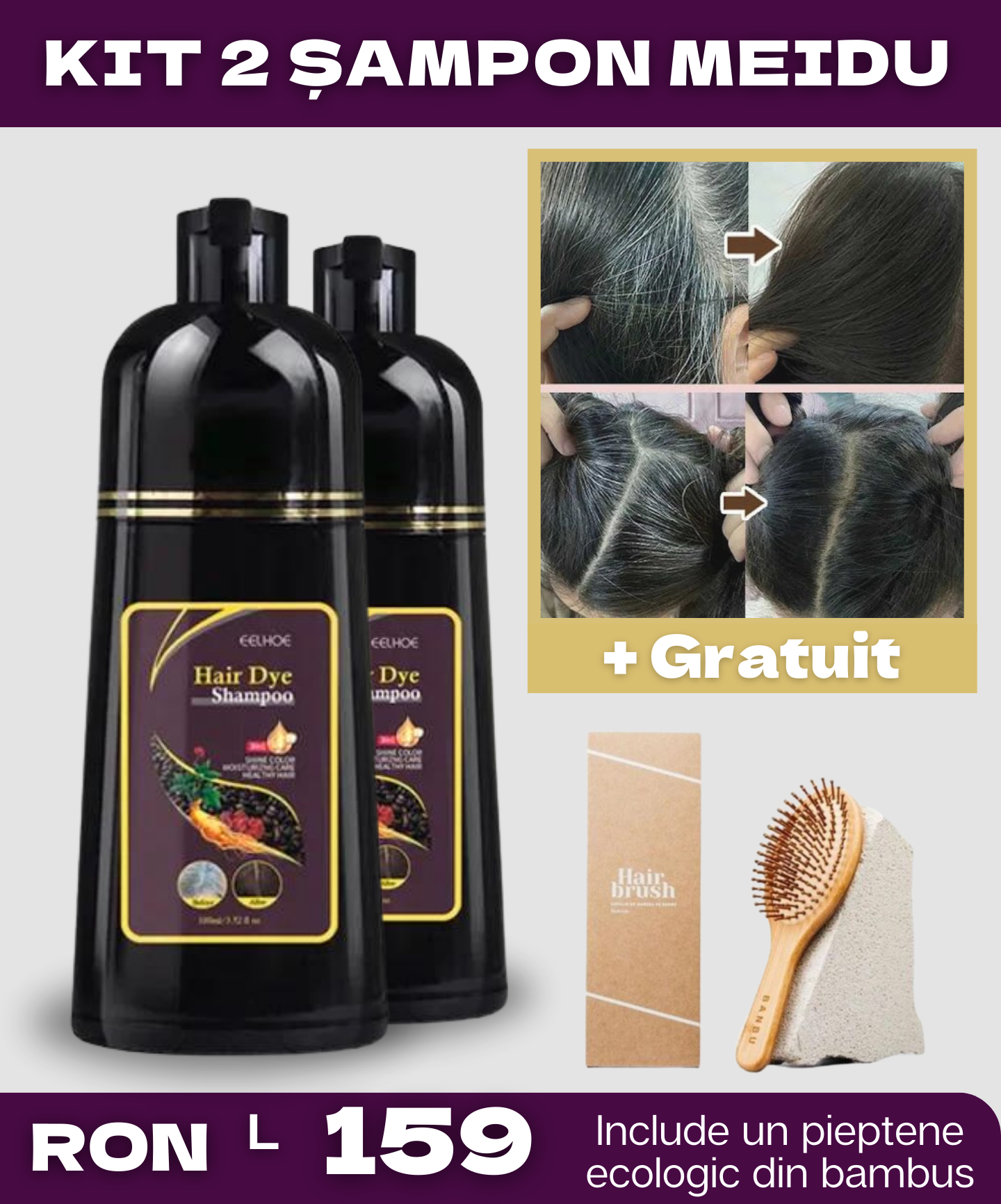 Șampon 3 în 1 pentru Păr Grizonat + Pieptene ecologic din bambus Cadou